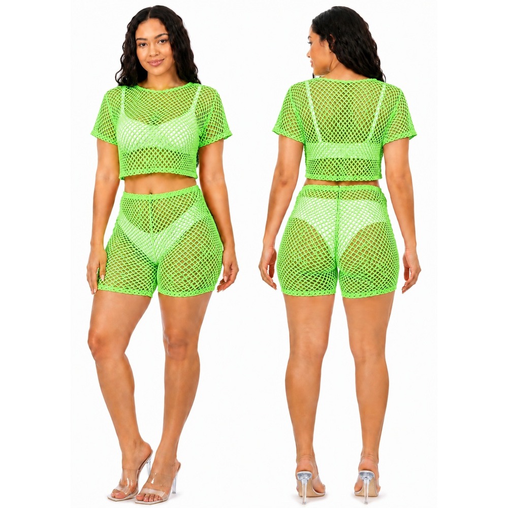 American Leisure Womens Neon Green Mesh Two Piece Set Crop Top Shorts Small NWT